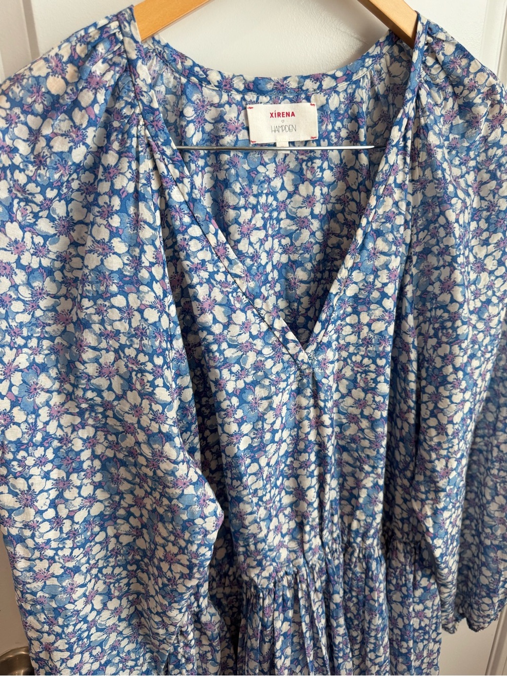 Xírena x Hampden Blue Floral Cotton Silk V-Neck Mini Dress XL